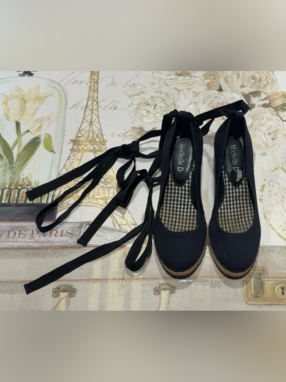 Wedge Heel Sandals, Black With Wedge Heel 3.9" wedge heel, Tie Up